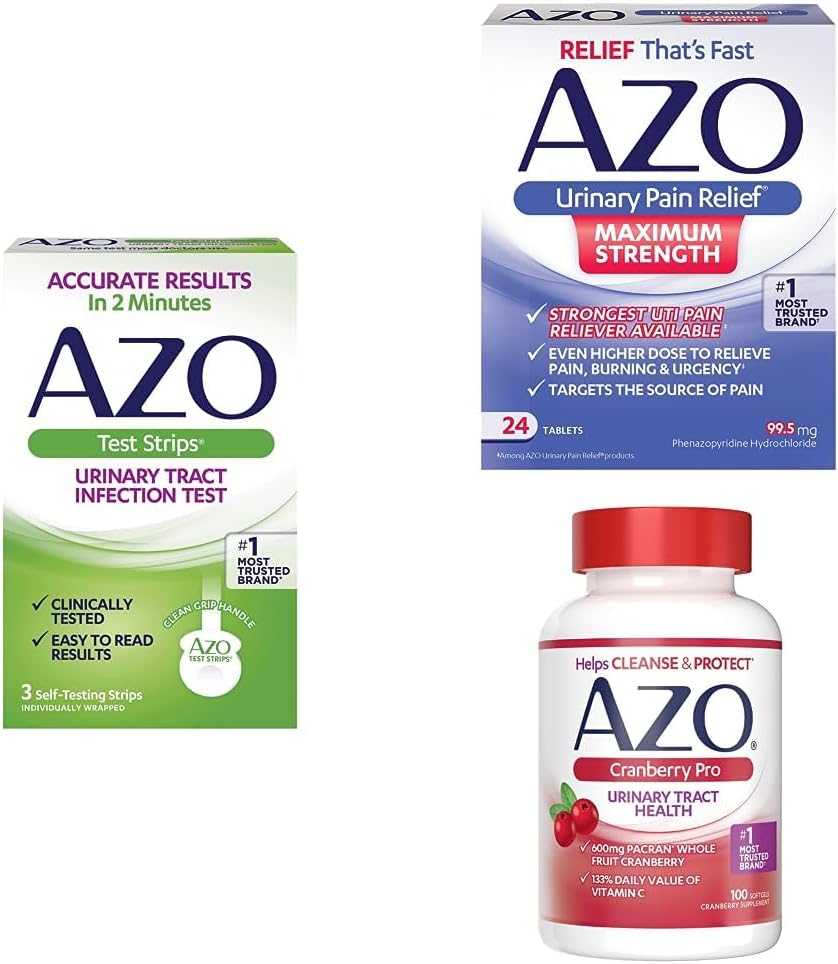 [BRSROGQBPIIWMETA] AZO UTI Pain Relief Bundle – AZO UTI Test Strips 3ct, AZO Urinary Pain Relief Max Strength 24ct, AZO Cranberry Pro Supplement 100ct