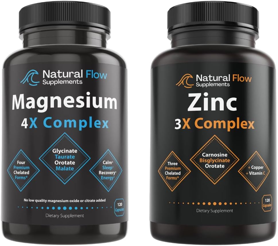 Natural Flow 4X Magnesium Complex and 3X Zinc Supplement Complex with Copper and Vitamin C, Chelated High Absorption Supplements, 120 Capsules Each