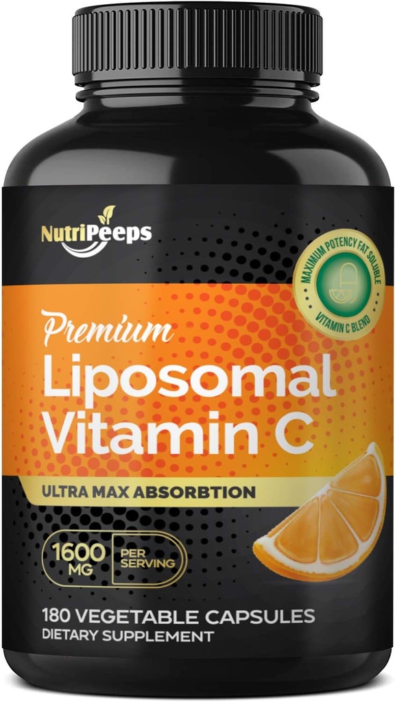 Liposomal Vitamin C 1600mg, 180 Capsules, Ultra Max Absorption, Fat Soluble VIT C Pills, Immune System Support, Collagen Booster, Antioxidant, Non-GMO, Vegan Pills