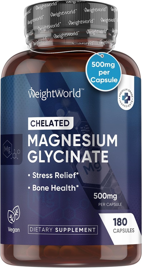 WeightWorld Chelated Magnesium Glycinate 500mg Capsules - 180 Count (6 Months Supply) - Bioavailable Magnesium Glycinate Supplements - Vegan, Non-GMO, & Allergen-Free
