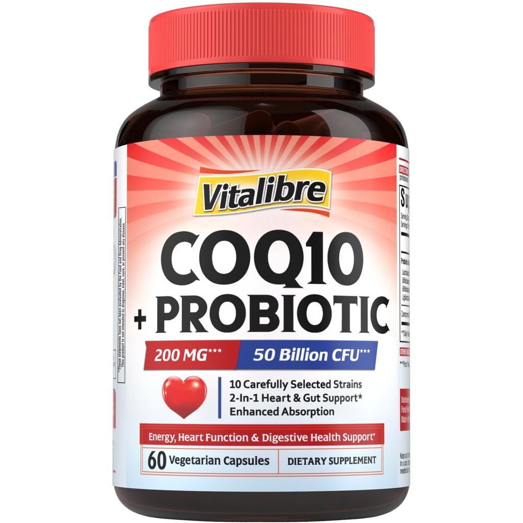 Vitalibre CoQ10 200 mg, with Probiotics for Women & Men, 50 Billion CFU, High Absorption Ubiquinone, Heart & Gut Energy Support, Powerful Antioxidant, Easy to Swallow, 60 Vegan Capsules