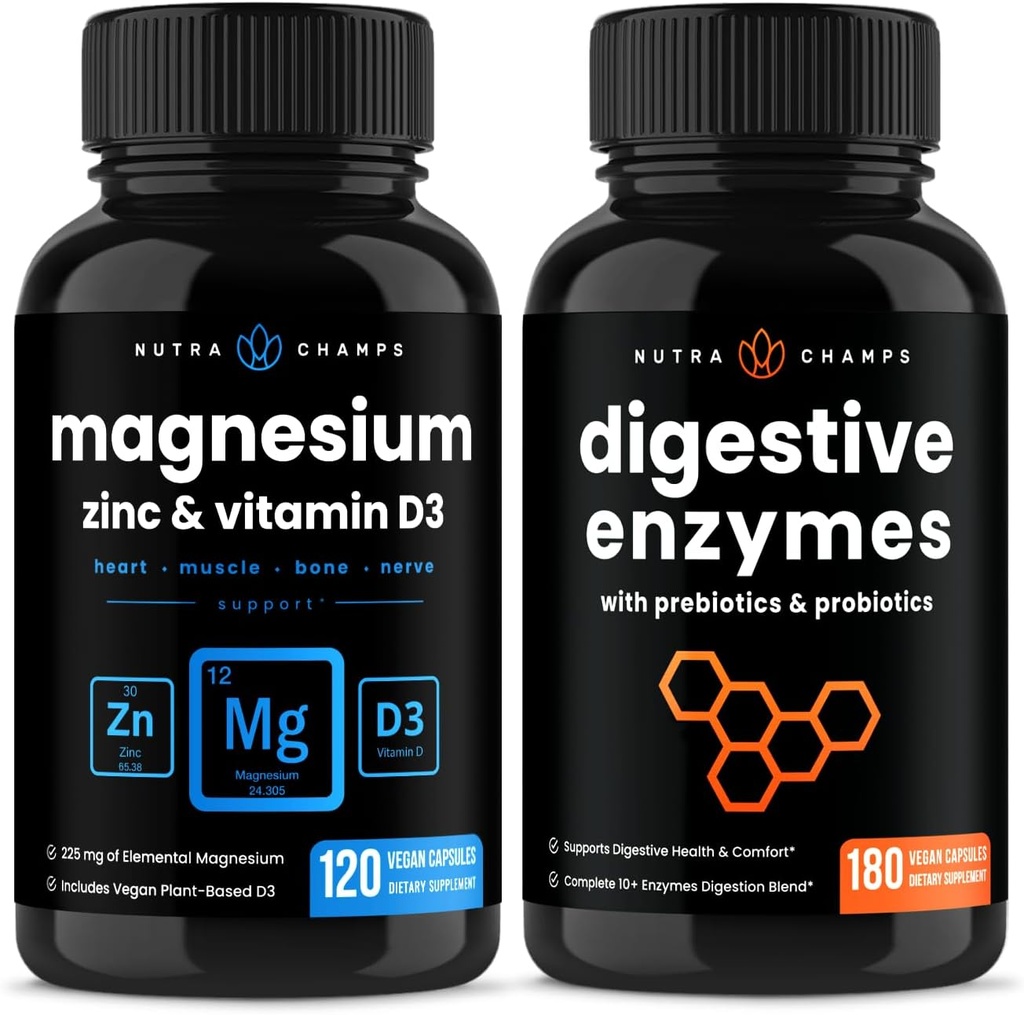 NutraChamps Magnesium Zinc & Vitamin D3 Capsules and Digestive Enzymes Capsules 2 Pack Bundle