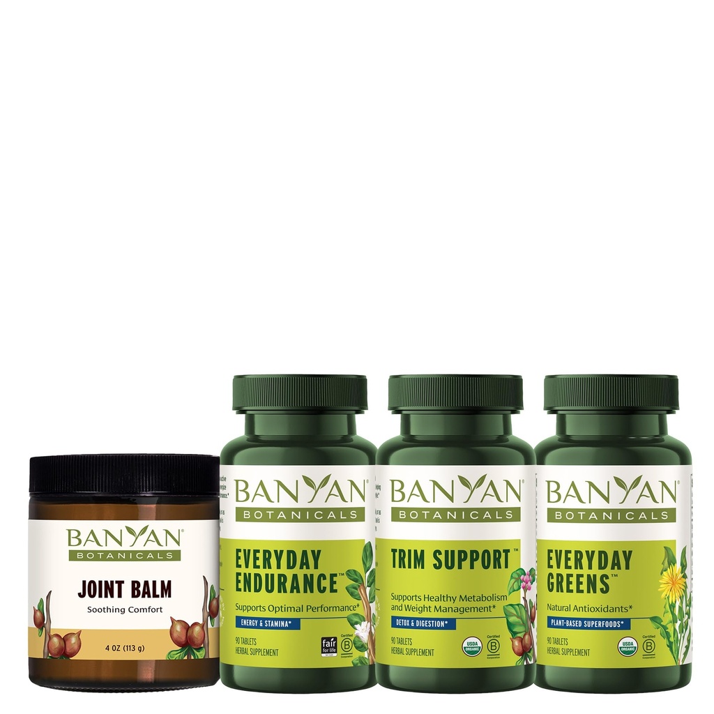 Banyan Botanicals Active Lifestyle Bundle - Everyday Endurance, Everyday Greens, Trim Support & Muscle Balm - Certified Organic, Non GMO, Chemical Free