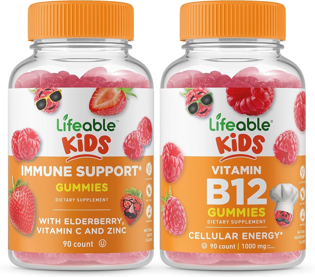 Lifeable Immune Support Kids + Vitamin B12 Kids, Gummies Bundle - Great Tasting, Vitamin Supplement, Gluten Free, GMO Free, Chewable Gummy