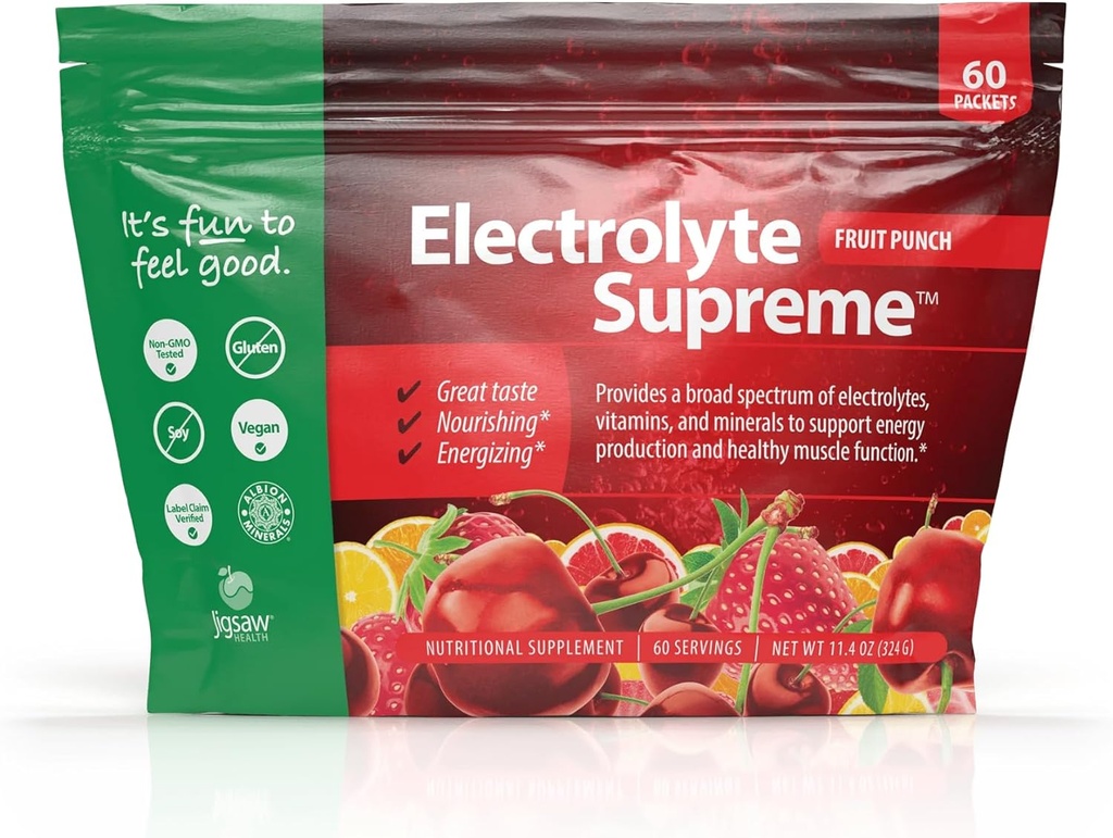 Jigsaw Health Electrolyte Supreme | Broad Spectrum of Electrolytes + Trace Minerals | Fruit Punch Flavor | 60 Servings (Packets)