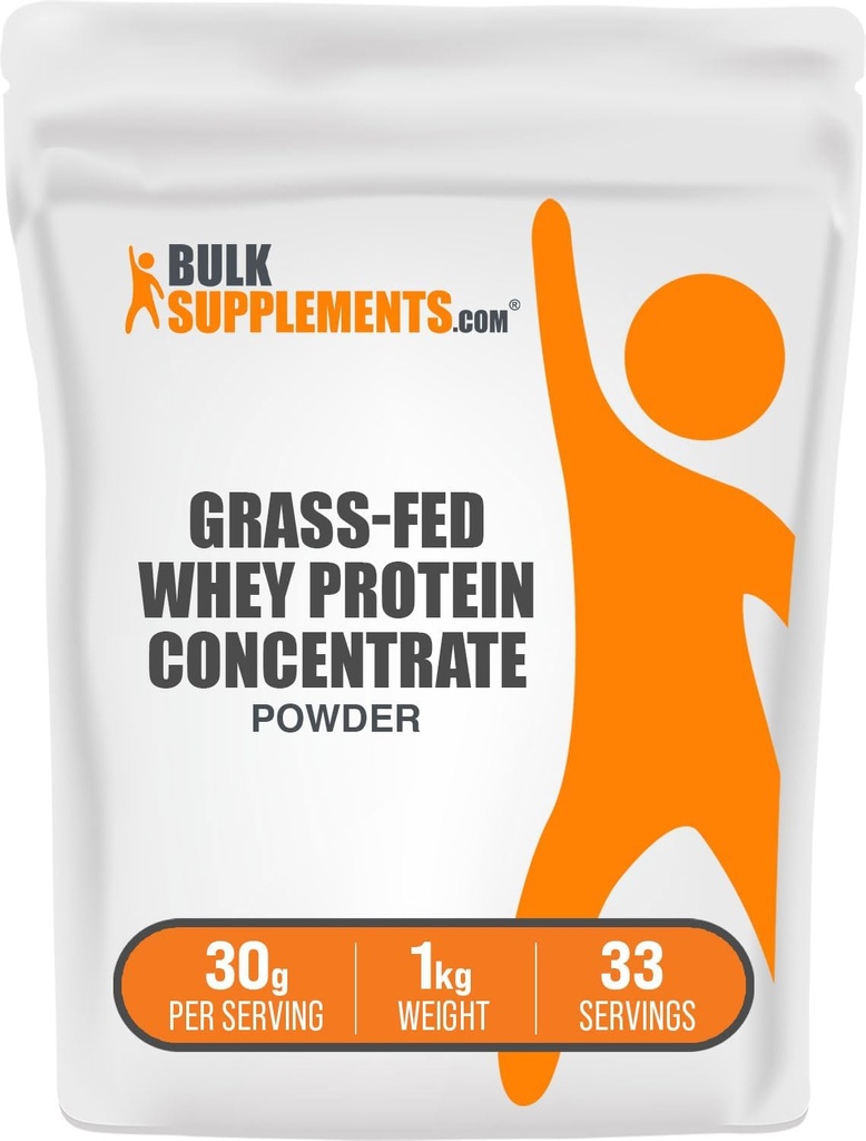 [BRSWKYDRCENAKFLO] BulkSupplements.com Grass Fed Whey Protein Powder - Whey Protein Concentrate Powder - Unflavored & Gluten Free, 30g per Serving, 1kg (2.2 lbs) (Pack of 1)