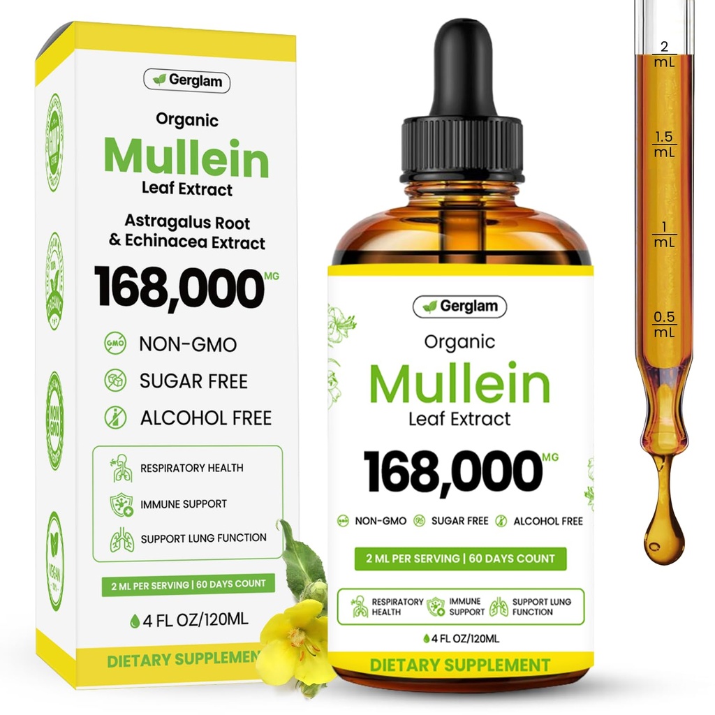 Mullein Drops for Lungs, USDA Organic Lung Detox and Cleanse Liquid with Marshmallow, Thyme, Astragalus, Orange Peel, Echinacea Alcohol & Sugar Free Extract for Smokers 4 Fl Oz