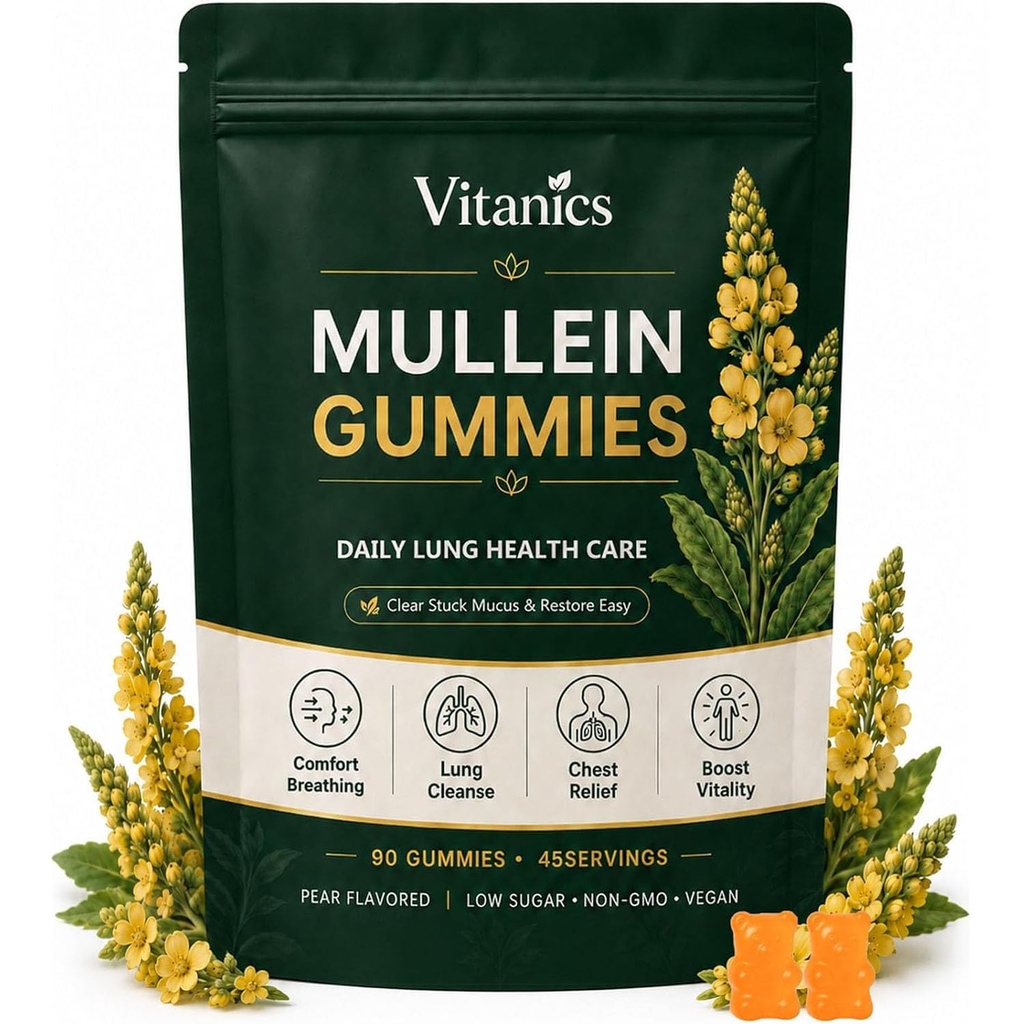 Vitanics Mullein Gummies, Mullein Leaf Extract For Lungs, Mucus Relief | Organic Mullein Herb Supplement with Quercetin Bromelain, Respiratory & Digestive Support, Immune Support, 90 Gummies