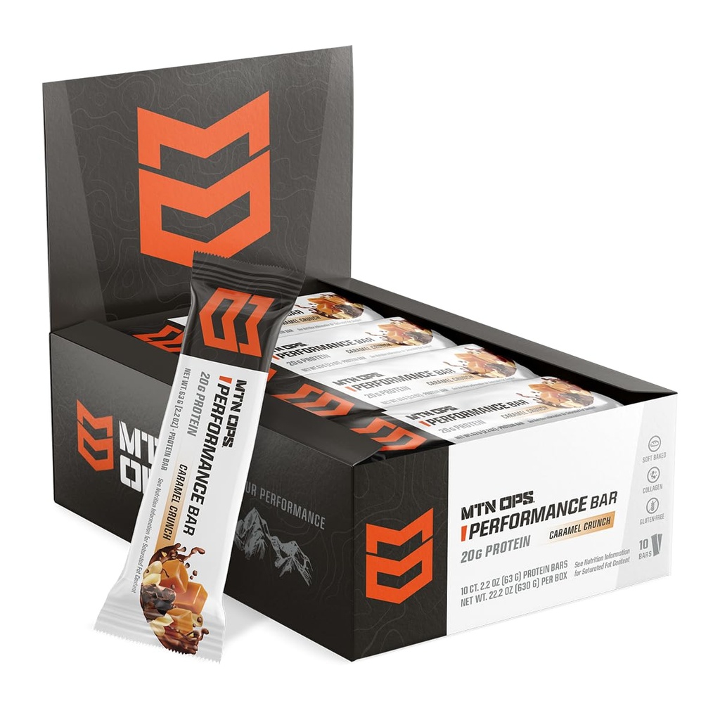MTN OPS Caramel Crunch Protein Bars, High Protein with Whey Isolate & Whey Concentrate and Collagen, Low Sugar, Gluten Free, 10 Count