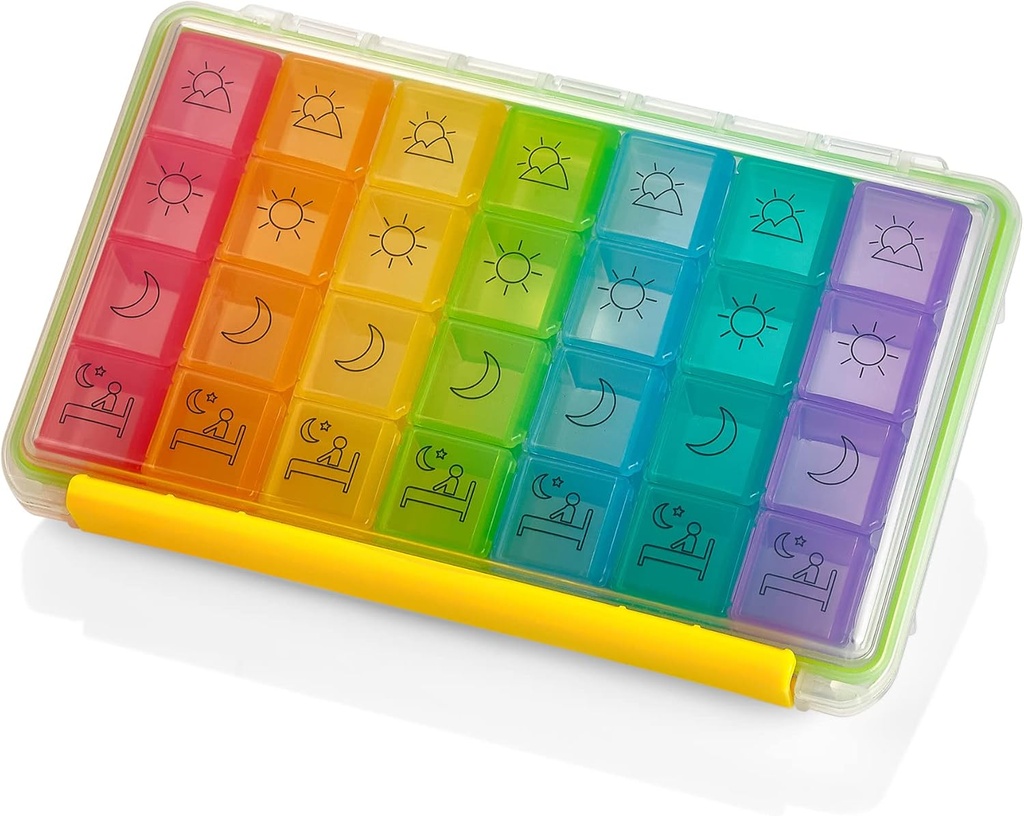 Weekly Pill Organizer - Portable 4 Times-A-Day - Water Moisture-Proof AM/PM Pill Case, Colorful 7 Day Medicine Holder Pill Box with Labels for Prescriptions, Medications, Vitamins, and Supplements