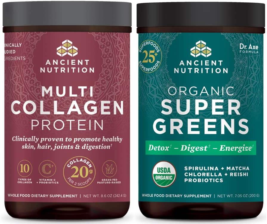Ancient Nutrition Multi Collagen Protein Powder, Unflavored, 24 Servings + Supergreens Powder, Greens Flavor, 25 Servings