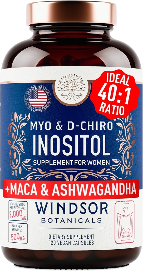 Myo and D-Chiro Inositol Supplement 40:1 Ratio - 2,000 mg Myo-Inositol plus Maca Root & Calming Ashwagandha - Healthy Ovarian Support Vitamins and Fertility Supplements for Women - 120 Vegan Capsules