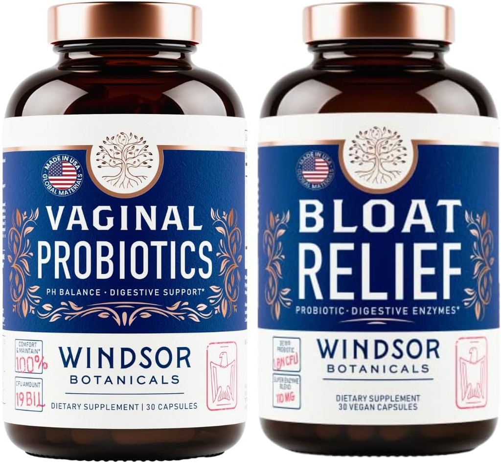 WINDSOR BOTANICALS Bloat Relief Probiotic with Enzymes and Vaginal Probiotics - Digestive and Vaginal Health Bundle