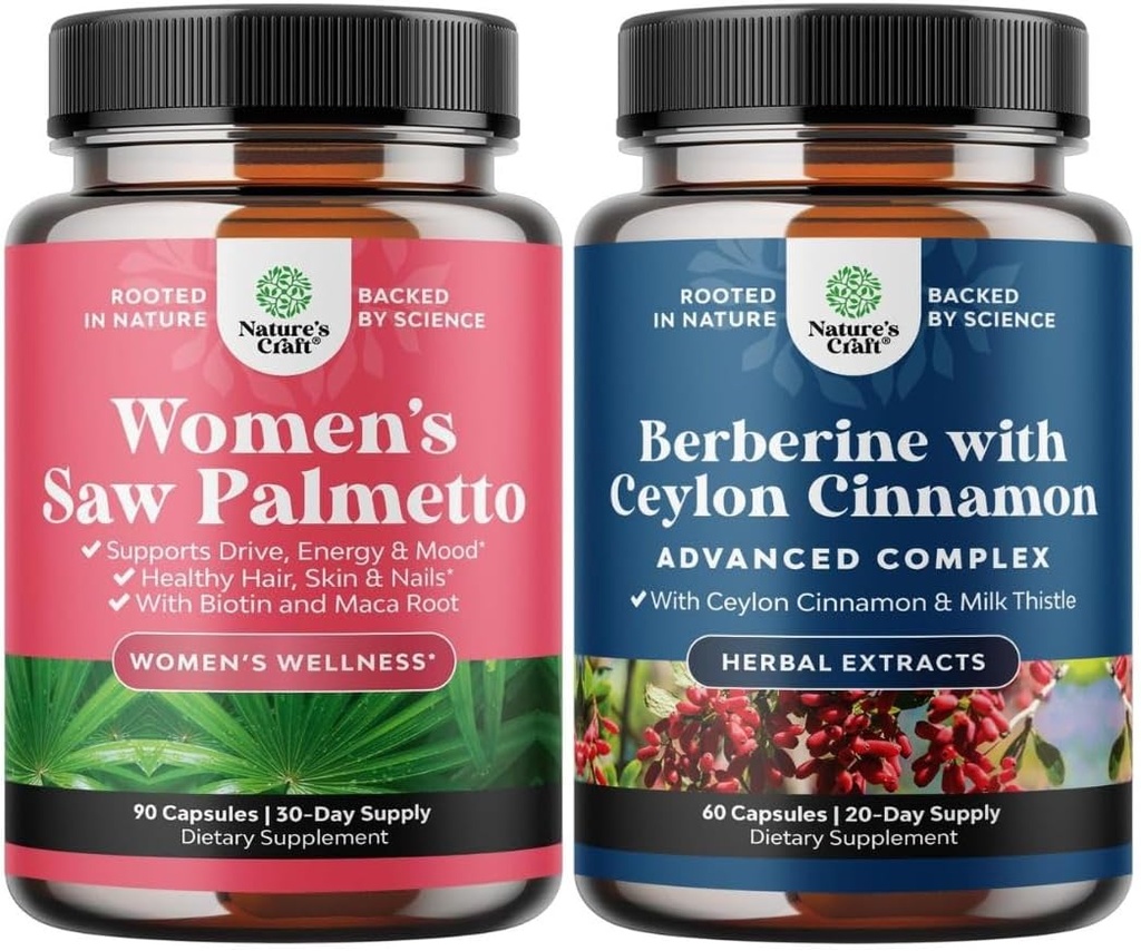 Bundle of Extra Strength Saw Palmetto for Women and Balancing Berberine Plus 1200mg Complex - DHT Blocker Thickening Hair Vitamins for Hair Loss - Antioxidant Berberine with Ceylon Cinnamon Capsules