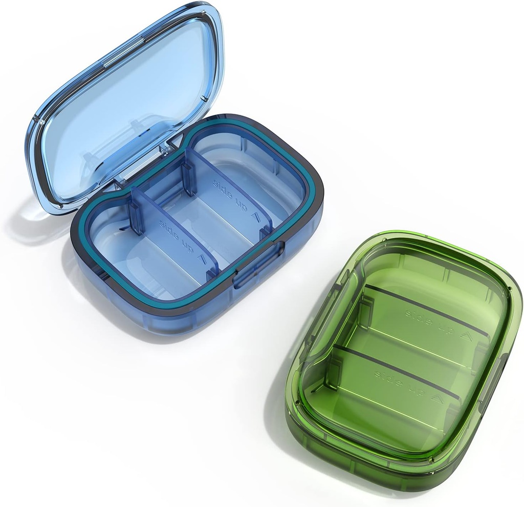 2 Pack 3 Compartment Small Pill Box, Moisture Proof Case, Travel Organizer for Pocket Purse, Daily Portable Medicine Vitamin Container, Fish Oil and Supplement Storage