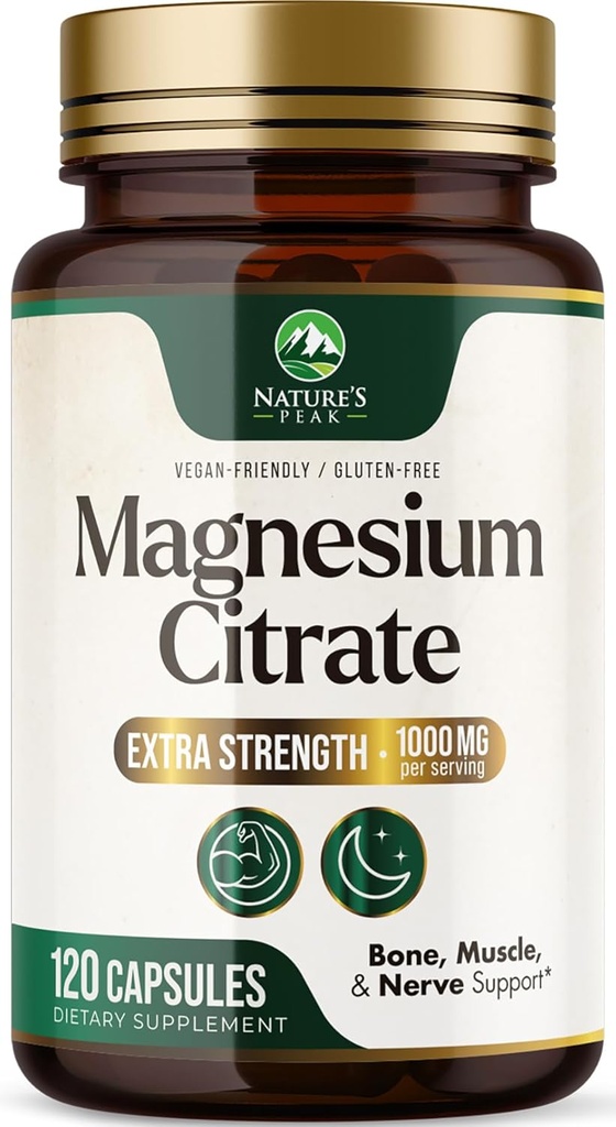 Magnesium Citrate 1000mg - High Absorption Magnesium Supplement Supports Muscle, Bone, Nerve & Heart Health - Extra Strength Magnesio Complex Pills - Non-GMO, Premium Energy Formula - 120 Capsules