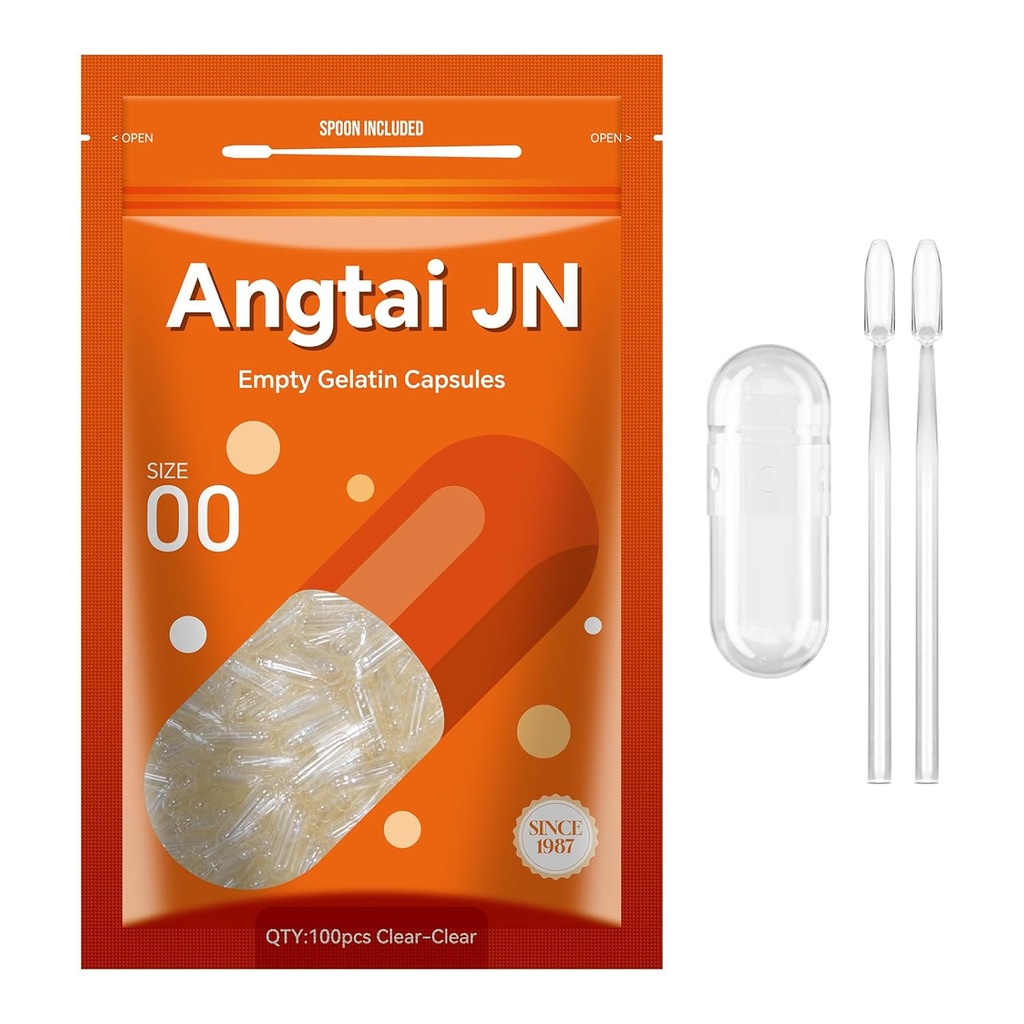Angtai JN Gelatin Capsules Size 00 Empty Pill Gel Caps Pure Bovine Clear (100 Count) Gluten Free, Non-GMO, Halal Certified Filling Kit with 2 Spoons for DIY Your Own Supplements