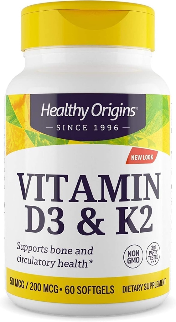 [BRSWYZ3YPMDW2FI2] Healthy Origins Vitamin D3 & K2 - Vitamin D3, 50 mcg - Vitamin K2, 200 mcg - Easily Absorbable Vitamin D & Vitamin K Supplements - Non-GMO & Gluten-Free Supplements - 60 Softgels