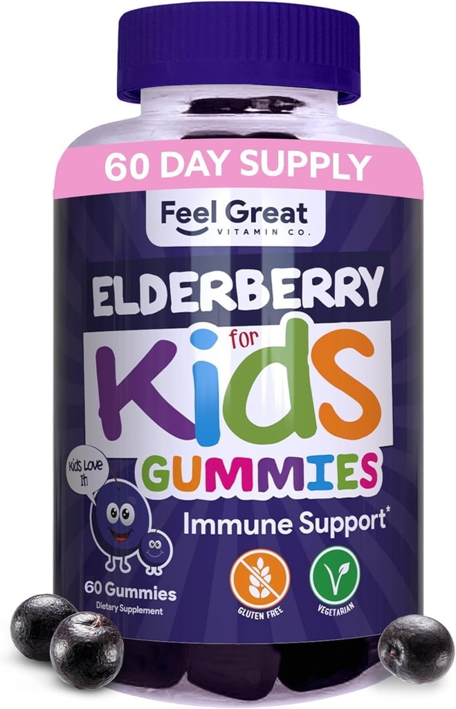 [BRSROAYZB4CRSC37] Feel Great Kids Elderberry Gummies with Zinc and Vitamin C | Immune Support Sambucus Elderberry | Berry Flavored Vegan Kids Multivitamins | 60 Day Supply