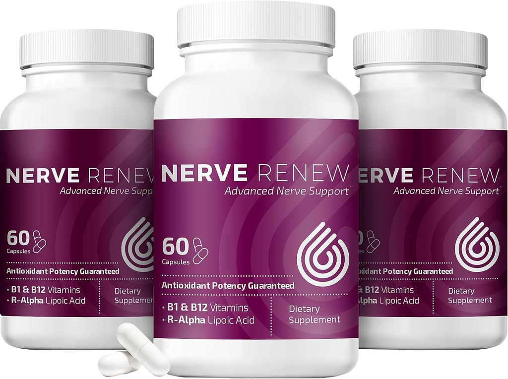 NERVE RENEW Advanced Nerve Support - 300mg Stabilized R-Alpha Lipoic Acid, Vitamin B Complex, Benfotiamine, Herbs for Fast-Acting Support - 3 Pack