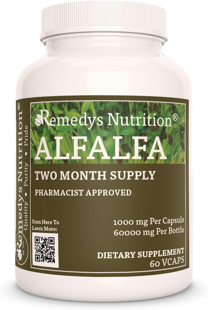 Alfalfa - 1,000 mg, 60 Vegan Capsules Herbal Dietary Supplement - Two Month Supply