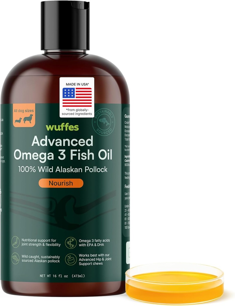 Wuffes Advanced Omega 3 Fish Oil for Dogs, Natural EPA & DHA Fatty Acids, Supports Healthy Skin and Coat, Joint Nutrition, Digestion & Immune System - 100% Pure Wild Alaskan Fish Oil, 16 Oz