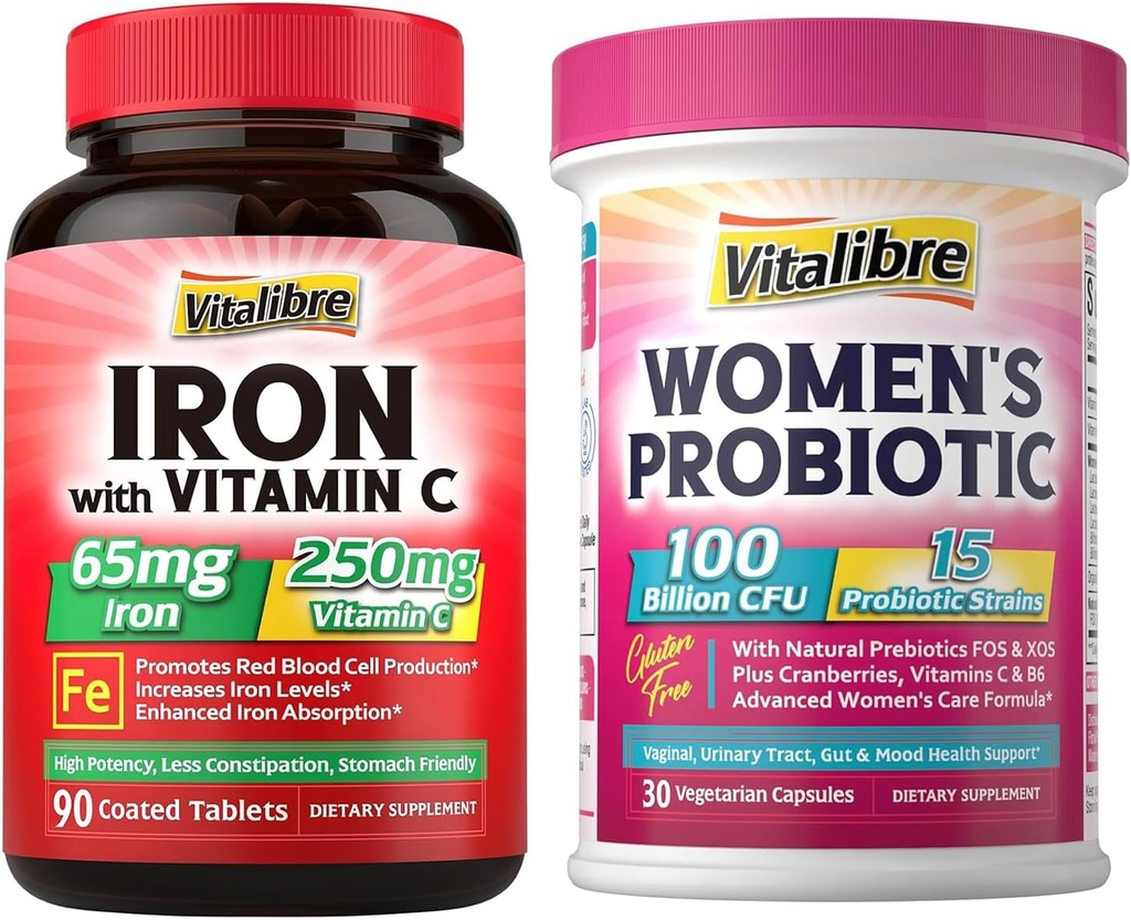 Probiotics for Women 100 Billion CFU 15 Strains & Iron Supplement 65mg with Vitamin C 90 Tablets