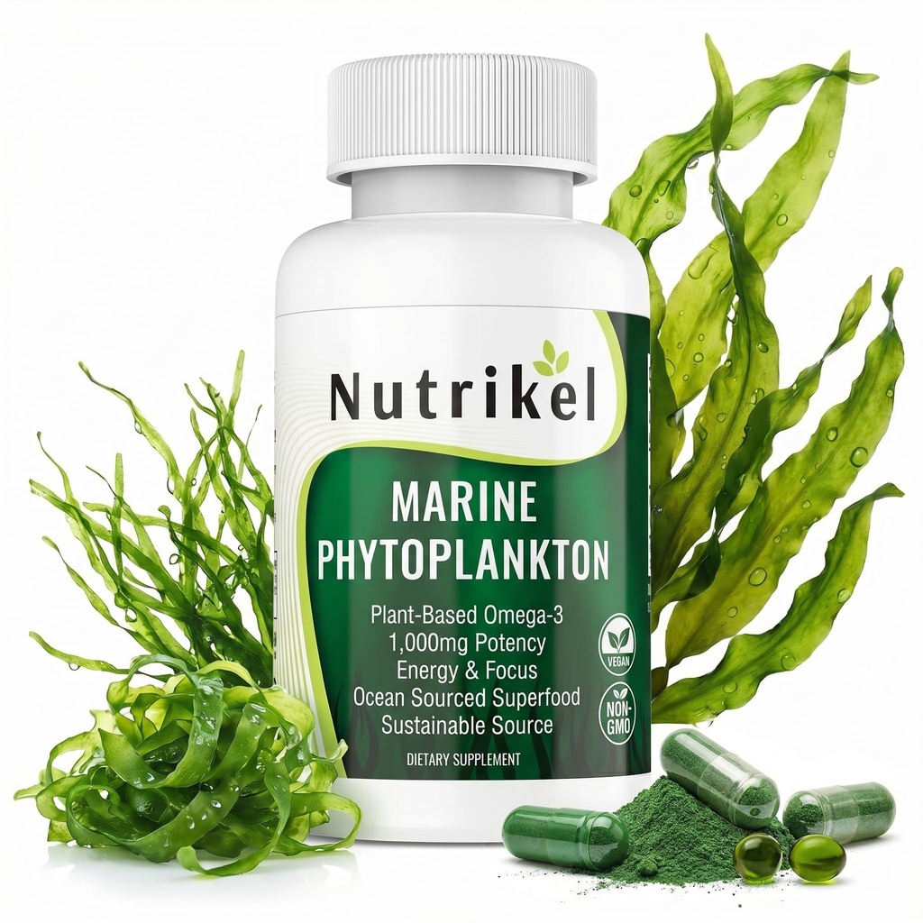 Marine Phytoplankton Omega 3 Supplement – Plant-Based Algae Capsules for Energy, Focus & Cellular Support – Vegan Superfood for Brain, Heart & Skin Health – 1,000mg – 60 Vegan Capsules