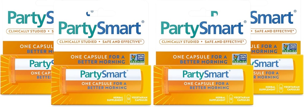 Himalaya PartySmart, 12 Capsule Tube - Alcohol Breakdown Liver Support for a Better Morning After Drinking - Plant Based, Vegan, Non-GMO, Gluten Free, Clinically Studied (Pack of 4)
