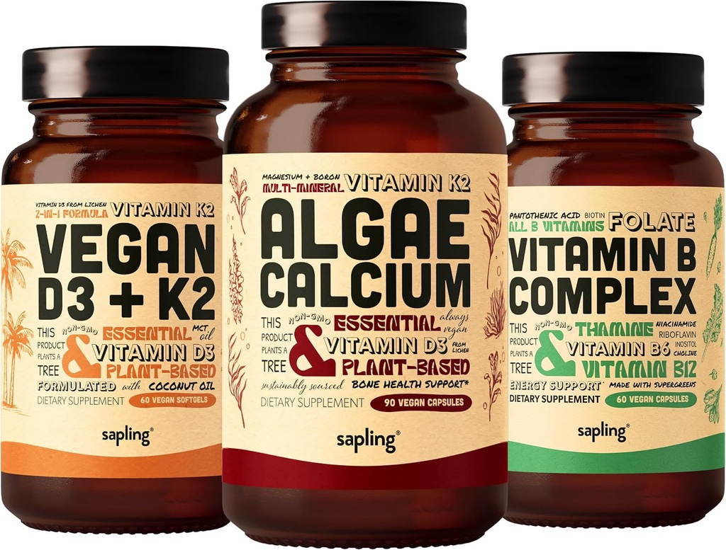 Algae Calcium & Vegan D3 + K2 & Vitamin B Complex Bundle - Calcium Supplement from Red Algae, 4000 IU Vitamin D3 and 100mcg Vitamin K2, Essential B Vitamins