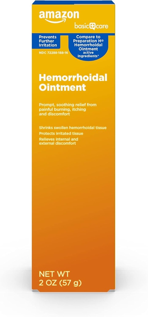 Amazon Basic Care Hemorrhoid Ointment, Hemorrhoid Treatment, Pain Relief, Relieves Burning, Itching and Discomfort, 2 ounce (Pack of 1)