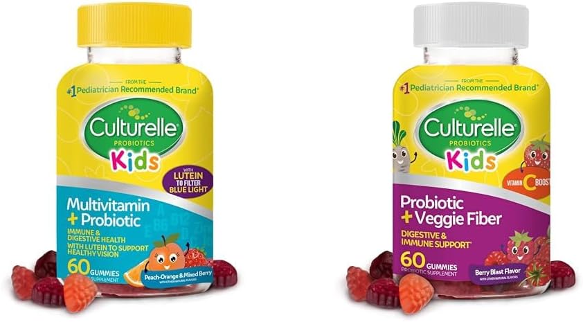 Culturelle Kids Probiotic Gummies for Ages 2+ - Peach-Orange & Mixed Berry Flavors & Daily Probiotic for Kids + Veggie Fiber Gummies (Ages 3+) - 60 Count - Digestive