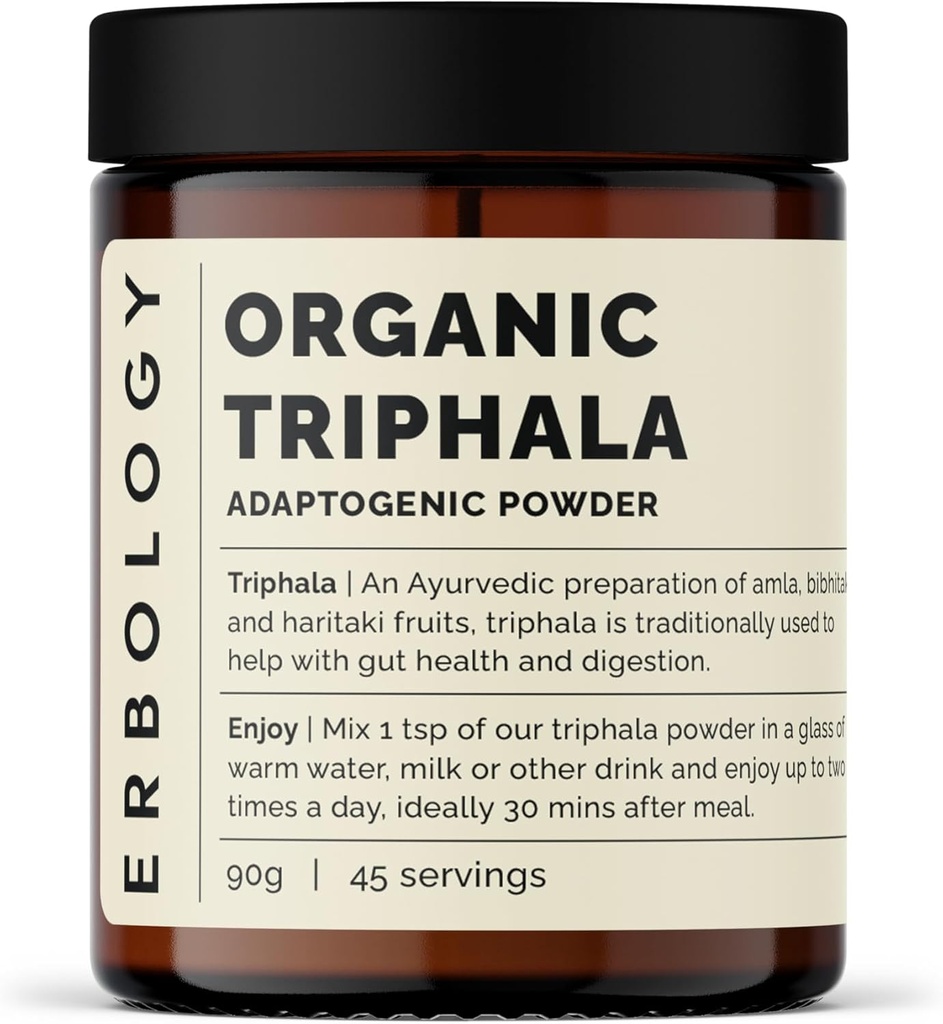 Erbology 100% Organic Triphala Powder 3.2 oz - 45 Servings - Ayurvedic Blend of Amla, Haritaki & Bibhitaki - Gut Health - Straight from Farm in India - Raw, Vegan and Gluten-Free - Non-GMO