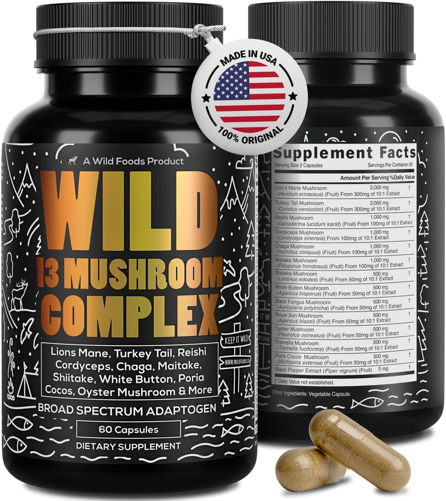 [BRSRAGD2BMCB6H3P] Wild Foods Premium Mushroom Supplement Complex | Mushroom Extract 13 Organic Mushrooms: Lions Mane, Turkey Tail, Reishi & More Adaptogenic Mushrooms for Energy, Brain & Immune Health (Pack of 2)