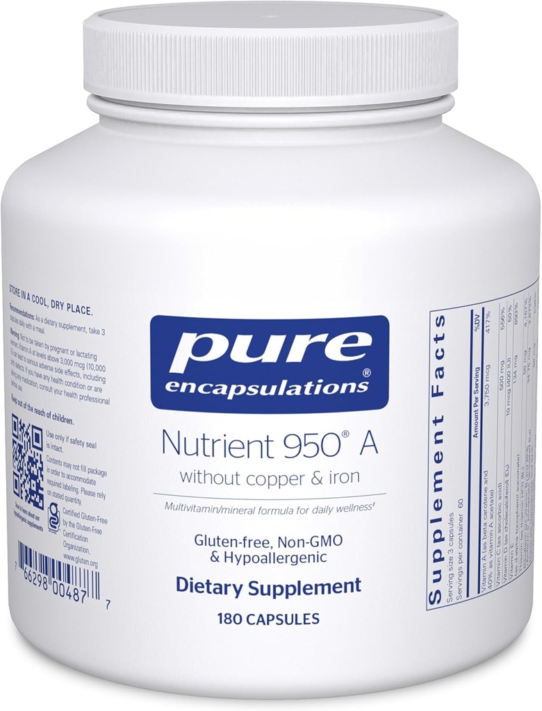 Pure Encapsulations Nutrient 950 A Without Copper & Iron | Hypoallergenic Multi-Vitamin/Mineral Formula for Optimal Health | 180 Capsules