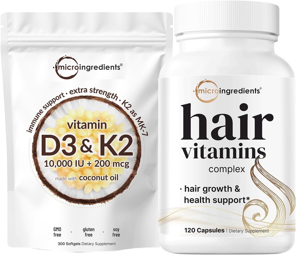 [BRSRAFDYOIHBOFLB] Micro Ingredients Vitamin D3 10,000iu + K2 200mcg Coconut Oil Softgels & Hair Vitamins Complex Capsules Bundle 2 Pack | Essential Sunshine Vitamins | 14-in-1 Advanced Hair Growth Support