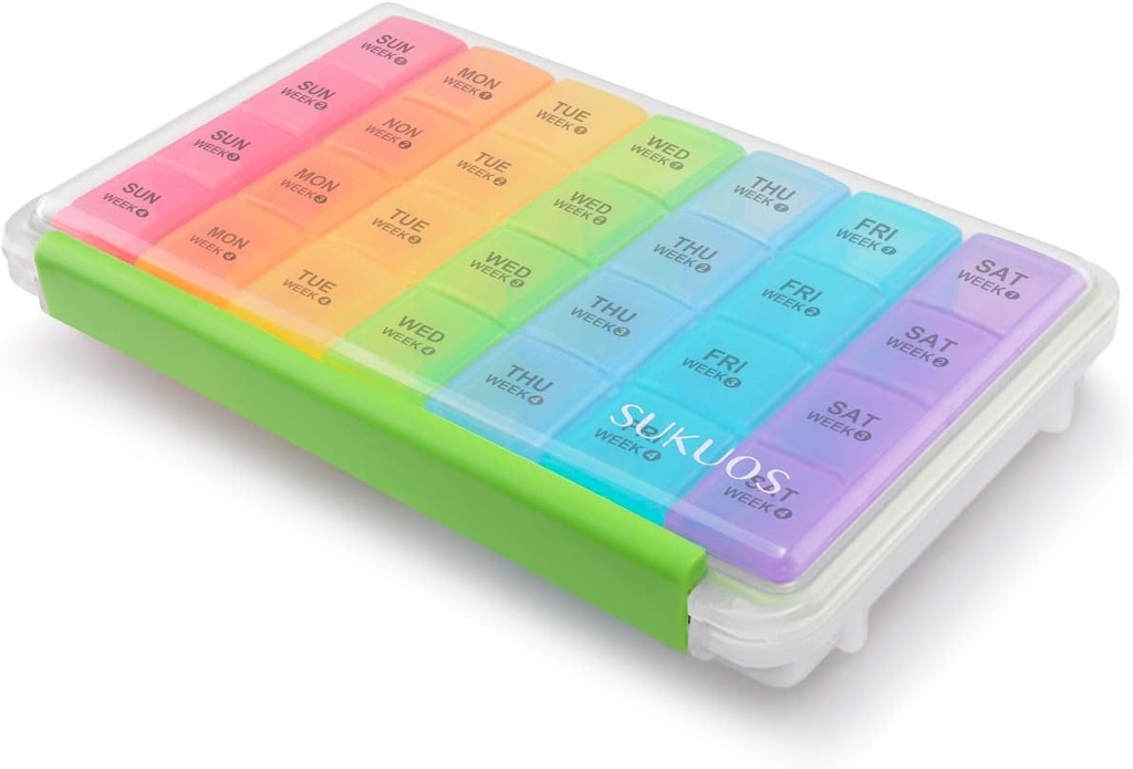 Sukuos Monthly Pill Organizer 28 Day, Large Moisture-Resistant Pill Box Cases with Dust-Proof Box and Clear Lid for Vitamin/Fish Oil/Supplements, Easy to Open and Clean