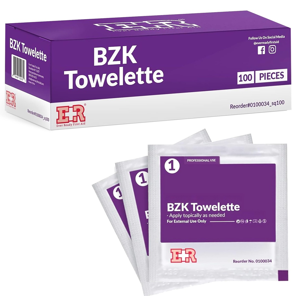 Benzalkonium BZK Wipes [Pack of 100] – 5”x7” Antiseptic Towelettes, First Aid Hand Wipes, Individually Wrapped for Skin Cleansing