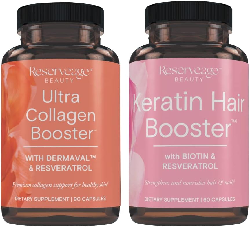 Reserveage Ultra Collagen Booster & Keratin Hair Booster - Features Dermaval, Biotin & Resveratrol - Support Hair & Skin - 90 Ultra Collagen Capsules, 60 Keratin Capsules