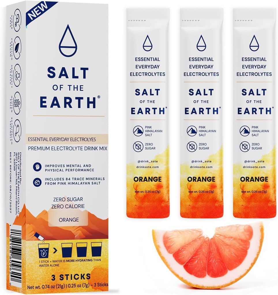 Salt of the Earth Premium Zero-Sugar Electrolyte - Made with Pink Himalayan Salt - Hydration Powder Packets | Premium Ingredients | Keto & Paleo Friendly | 3 Sticks, Orange