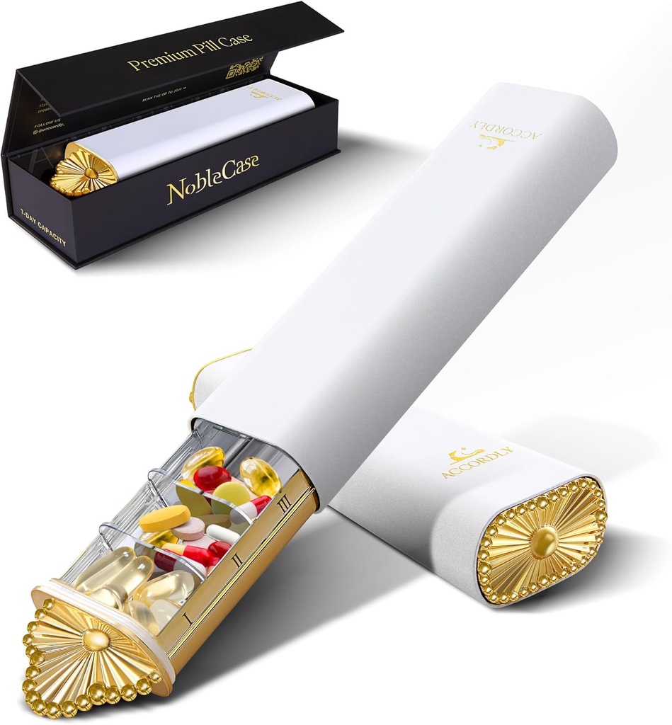 Premium Weekly Pill Organizer, 7 Day Cute Compact Pill Case for Purse, Fancy Luxury Gold Pill Box, Aesthetic Metal Pill Holder for Vitamins, Medicine, Supplements, Unique Wellness Gift
