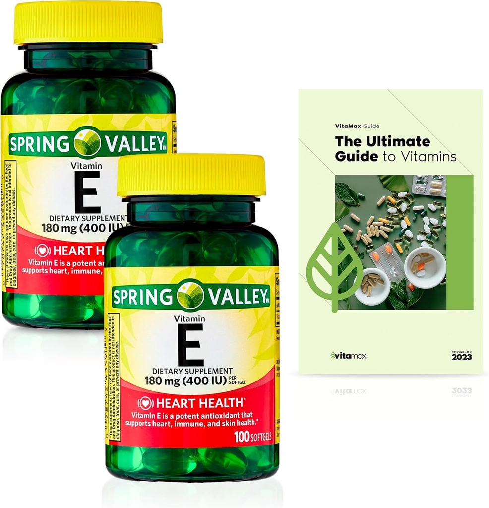 Generic Spring Valley Vitamin E Heart Health Dietary Supplement Softgels, 180 mg (400 IU), 200 Count + Exclusive VitaMax Vitamin Guide (3 Items)