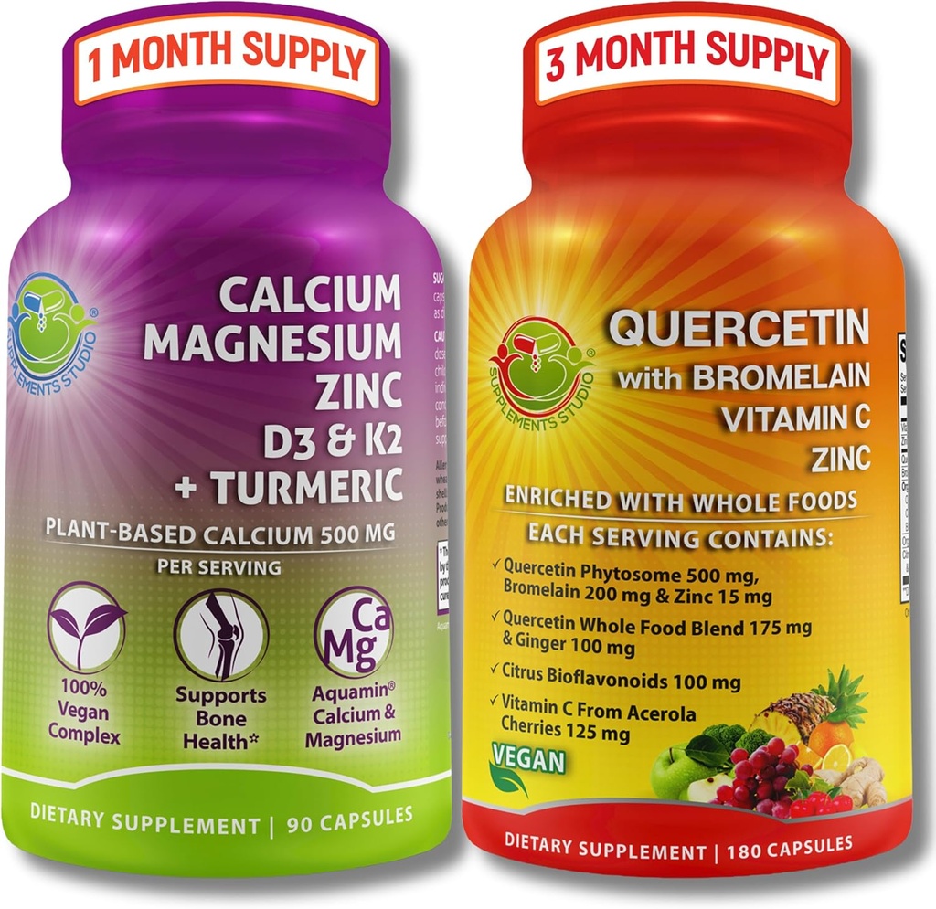 SUPPLEMENTS STUDIO Quercetin with Bromelain, Vitamin C & Zinc + Plant-Based Calcium, Magnesium, D3, K2 & Turmeric – 100% Vegan Supplement Bundle for Immune & Bone Support