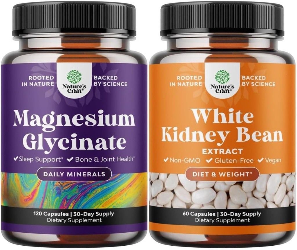 Bundle of Magnesium Glycinate 400mg Capsules and White Kidney Bean Energy Booster - White Kidney Bean Extract Pill and Natural Vegetarian Supplements