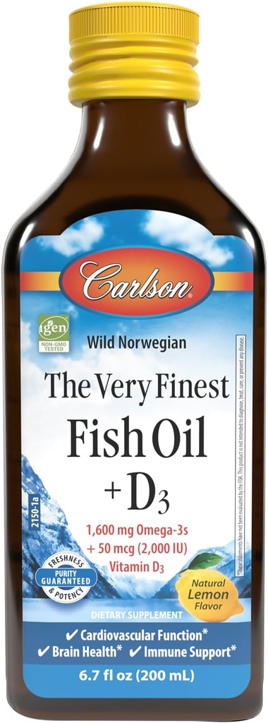 Carlson - The Very Finest Fish Oil + D3, 1600 mg Omega-3s, 50 mcg (2000 IU) Vitamin D3, Liquid Fish Oil and D3 Supplement, Norwegian, Wild Caught, Sustainably Sourced, Lemon, 200 mL (6.7 Fl Oz)