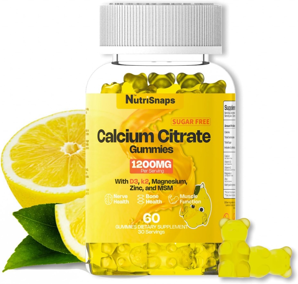 Sugar Free Calcium Citrate Gummies 1200mg with Vitamin D3 K2, Magnesium, Zinc, MSM for Men & Women, Bone, Muscle, Immune Support, Ultimate Absorption Calcium Supplement, Vegan, 60 Count