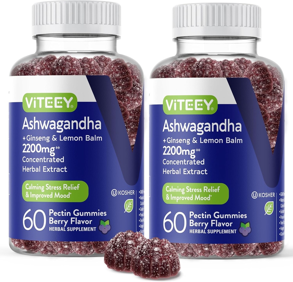 Viteey Ashwagandha Gummies with Ginseng & Lemon Balm - Mood, Calm & Stress Support Ashwagandha Supplements - Vegan, Gluten-Free - 120 Count