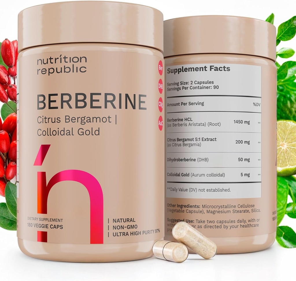 Berberine Supplement 1500mg, Ultra High Potency Berberine Complex with Citrus Bergamot, Colloidal Gold & Berberine Hcl, Dihydroberberine Supplement