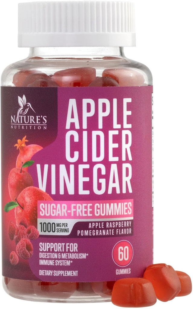 Apple Cider Vinegar Gummies 1000mg - Sugar Free ACV Gummy for Cleanse, Vitamin B12 for Digestion Energy & Immune Health Support, Supports Metabolism, Vegan, Keto, Apple Raspberry Flavor - 60 Gummies