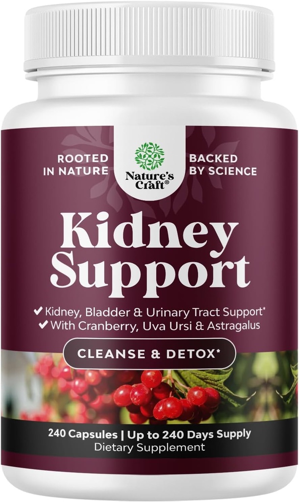 Advanced Kidney Support Supplement - Kidney Cleanse Detox & Repair Cranberry Extract Capsules with Uva Ursi, Stinging Nettle & Astragalus for Kidney Health - Urinary Tract Health - 240 Caps